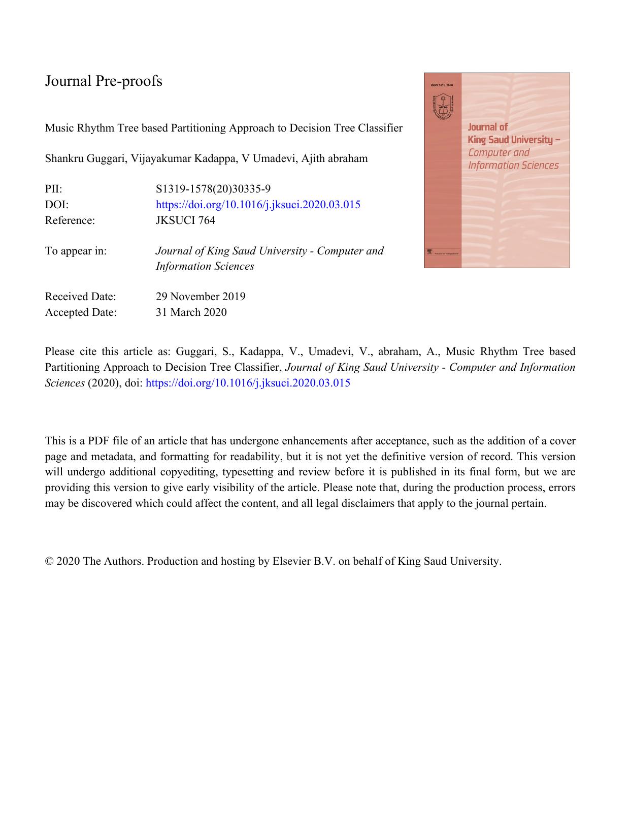 Music Rhythm Tree based Partitioning Approach to Decision Tree Classifier by Shankru Guggari & Vijayakumar Kadappa & V Umadevi & Ajith abraham