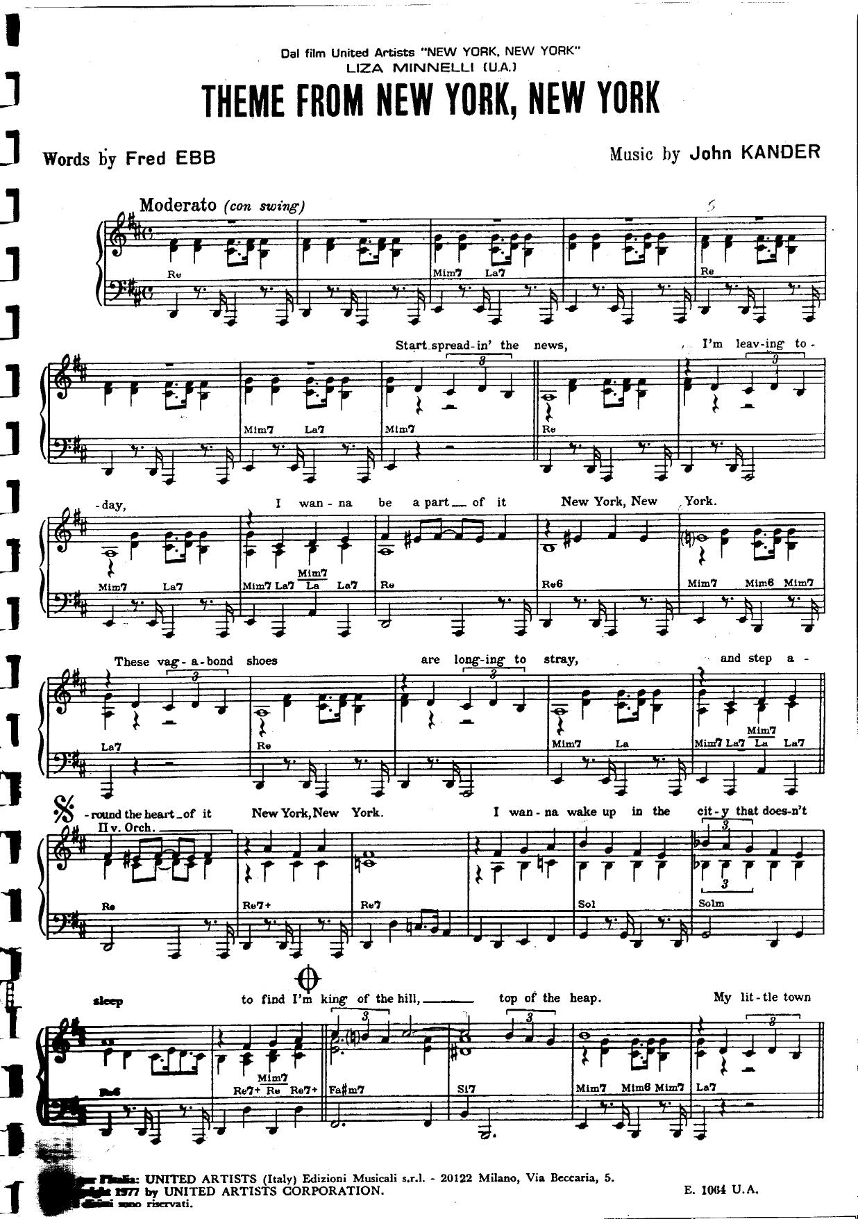 Music Sheet - Frank Sinatra by New York New York (vocal+piano)