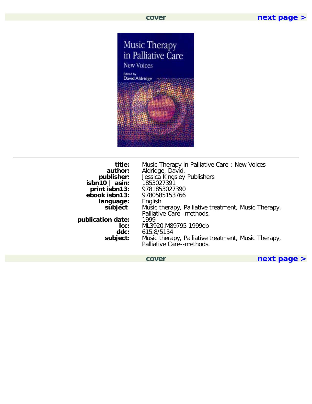 Music Therapy in Palliative Care: New Voices by David Aldridge
