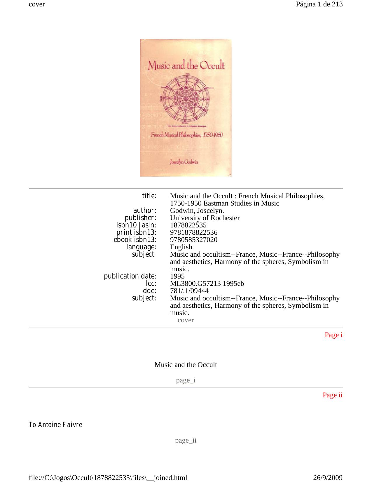 Music and the Occult: French Musical Philosophies 1750-1950 (Eastman Studies in Music, No 3) by Joscelyn Godwin