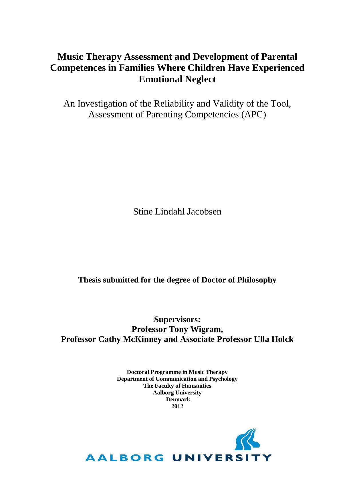 Music therapy assessment and development of parental competences in families where children have experienced emotional neglect by Jacobsen S
