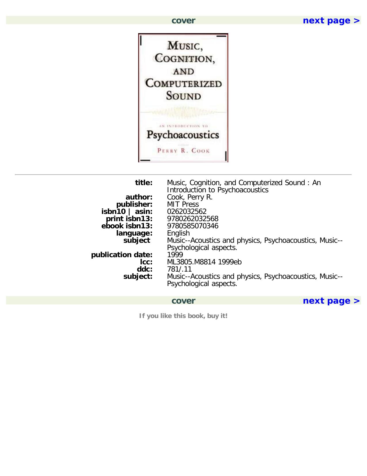 Music, Cognition, and Computerized Sound: An Introduction to Psychoacoustics by Perry R. Cook
