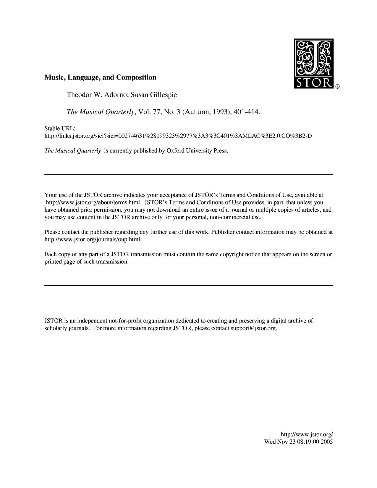 Music, Language, and Composition by Adorno Theodor W