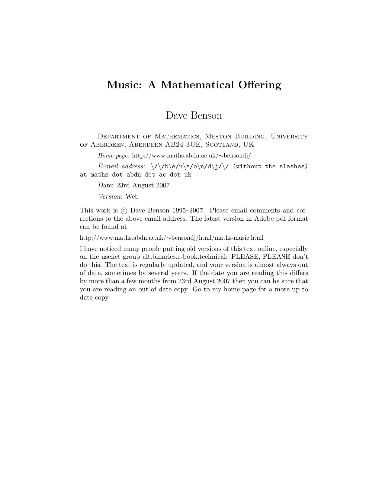 Music. A Mathematical Offering by Benson