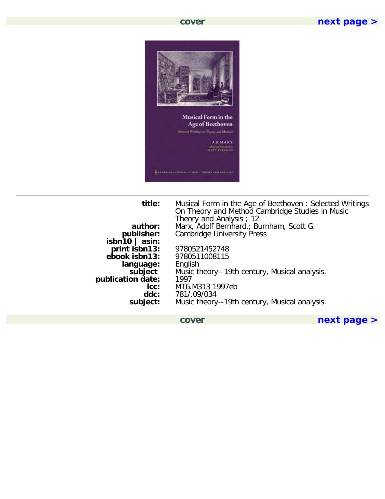 Musical Form in the Age of Beethoven: Selected Writings on Theory and Method by A. B. Marx Scott Burnham