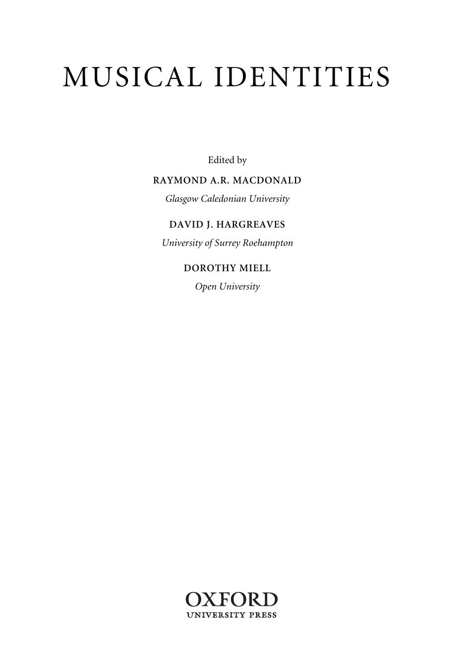 Musical Identities by Raymond R. MacDonald David Hargreaves Dorothy Miell