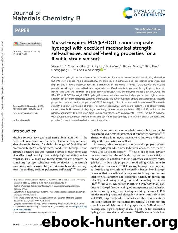 Mussel-inspired PDA@PEDOT nanocomposite hydrogel with excellent mechanical strength, self-adhesive, and self-healing properties for a flexible strain sensor by Xiaoyi Li & Xueshan Zhao & Ruiqi Liu & Hui Wang & Shuang Wang & Bing Fan & Chenggong Hu & Haibo Wang