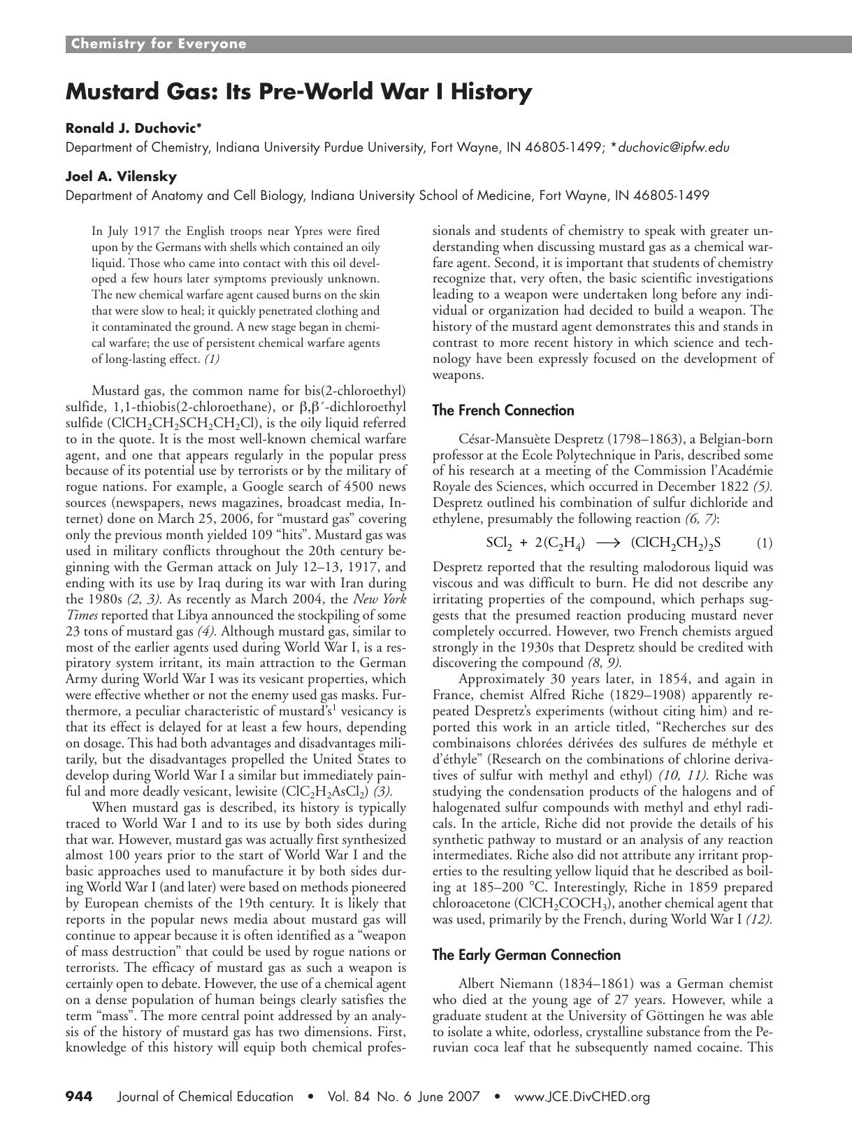 Mustard Gas: Its Pre-World War I History by Ronald J. Duchovic and Joel A. Vilensky