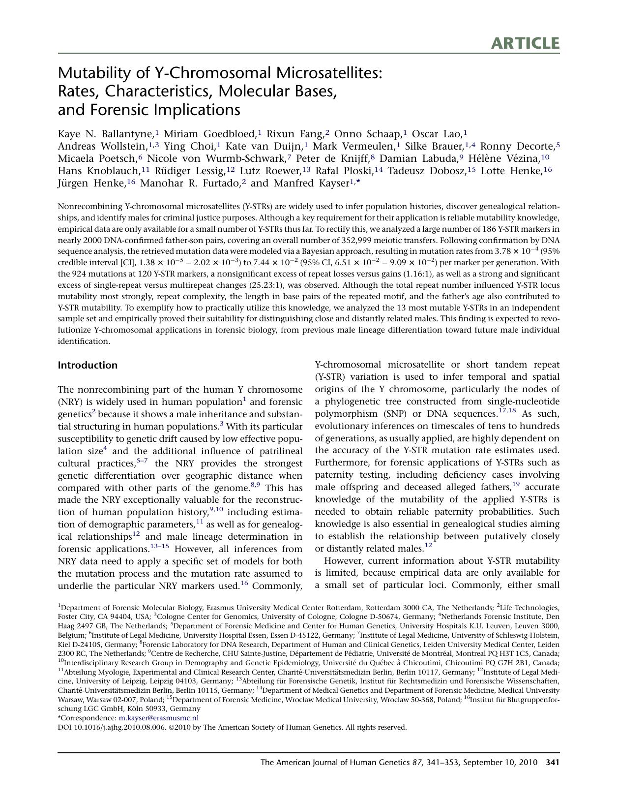 Mutability of Y-Chromosomal Microsatellites: Rates, Characteristics, Molecular Bases, and Forensic Implications by unknow