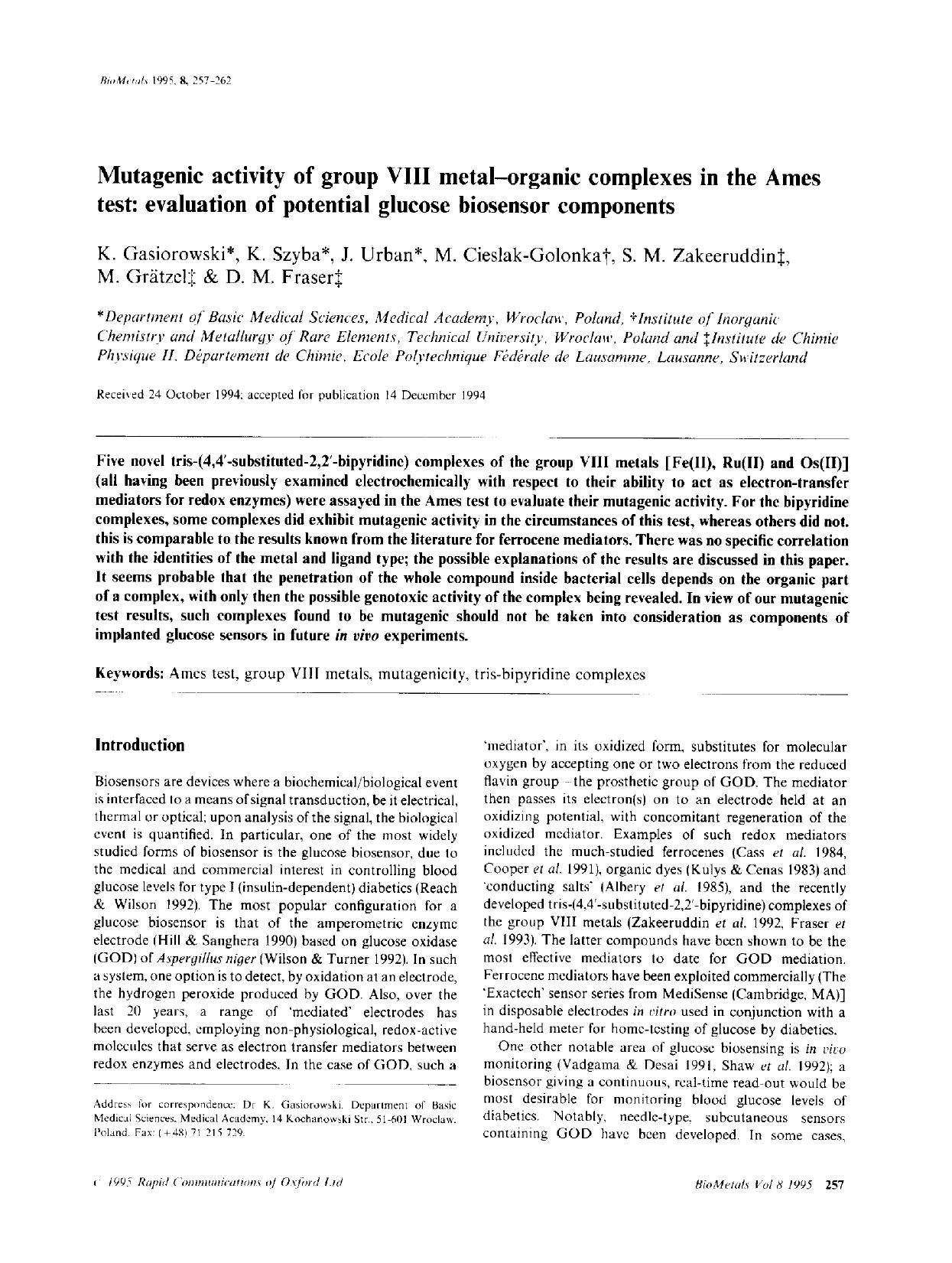 Mutagenic activity of group VIII metal-organic complexes in the Ames test: evaluation of potential glucose biosensor components by Unknown
