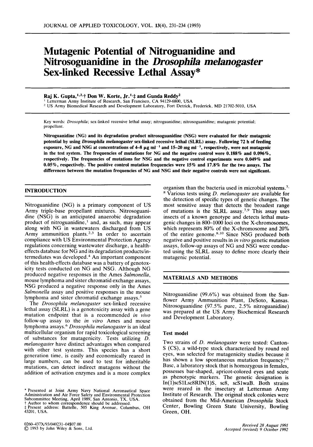 Mutagenic potential of nitroguanidine and nitrosoguanidine in the Drosophila melanogaster sex-linked recessive lethal assay by Unknown