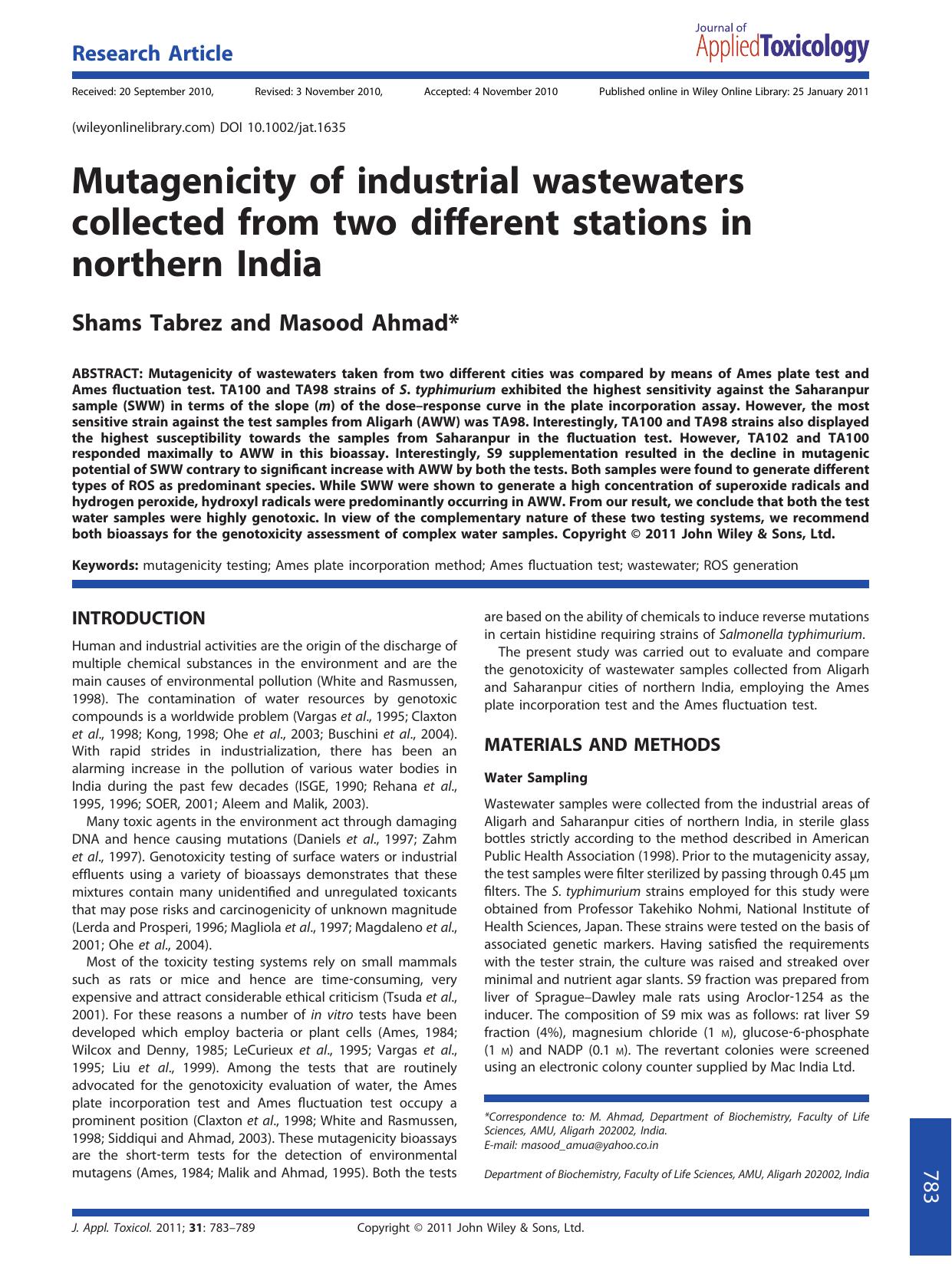 Mutagenicity of industrial wastewaters collected from two different stations in northern India by Unknown