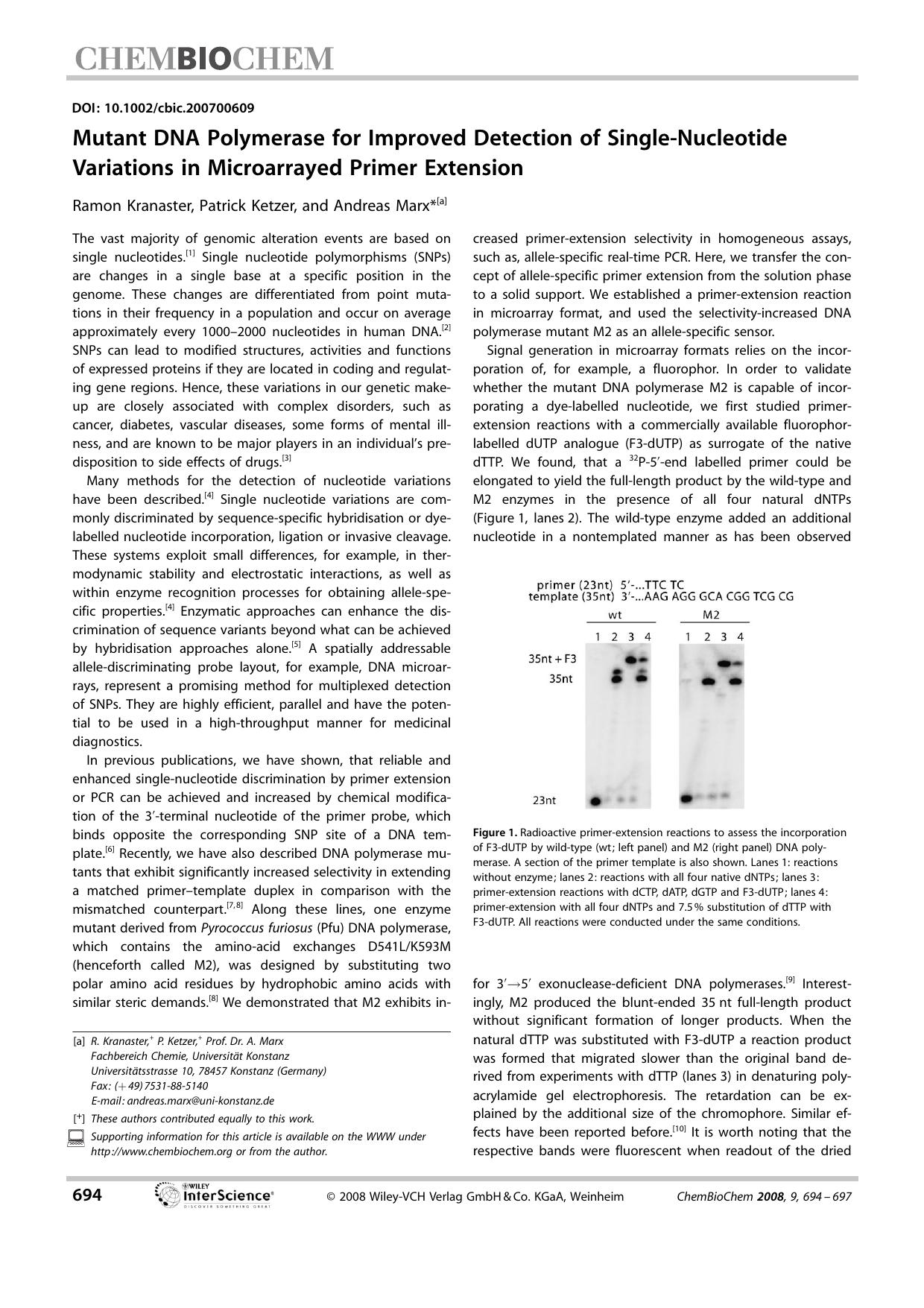 Mutant DNA Polymerase for Improved Detection of Single-Nucleotide Variations in Microarrayed Primer Extension by Unknown
