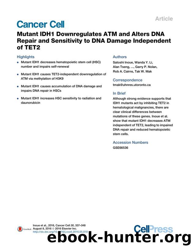 Mutant IDH1 Downregulates ATM and Alters DNA Repair and Sensitivity to DNA Damage Independent of TET2 by unknow