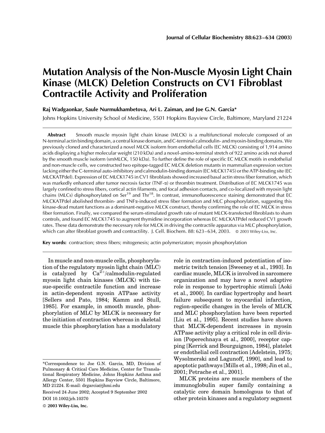 Mutation analysis of the non-muscle myosin light chain kinase (MLCK) deletion constructs on CV1 fibroblast contractile activity and proliferation by Unknown
