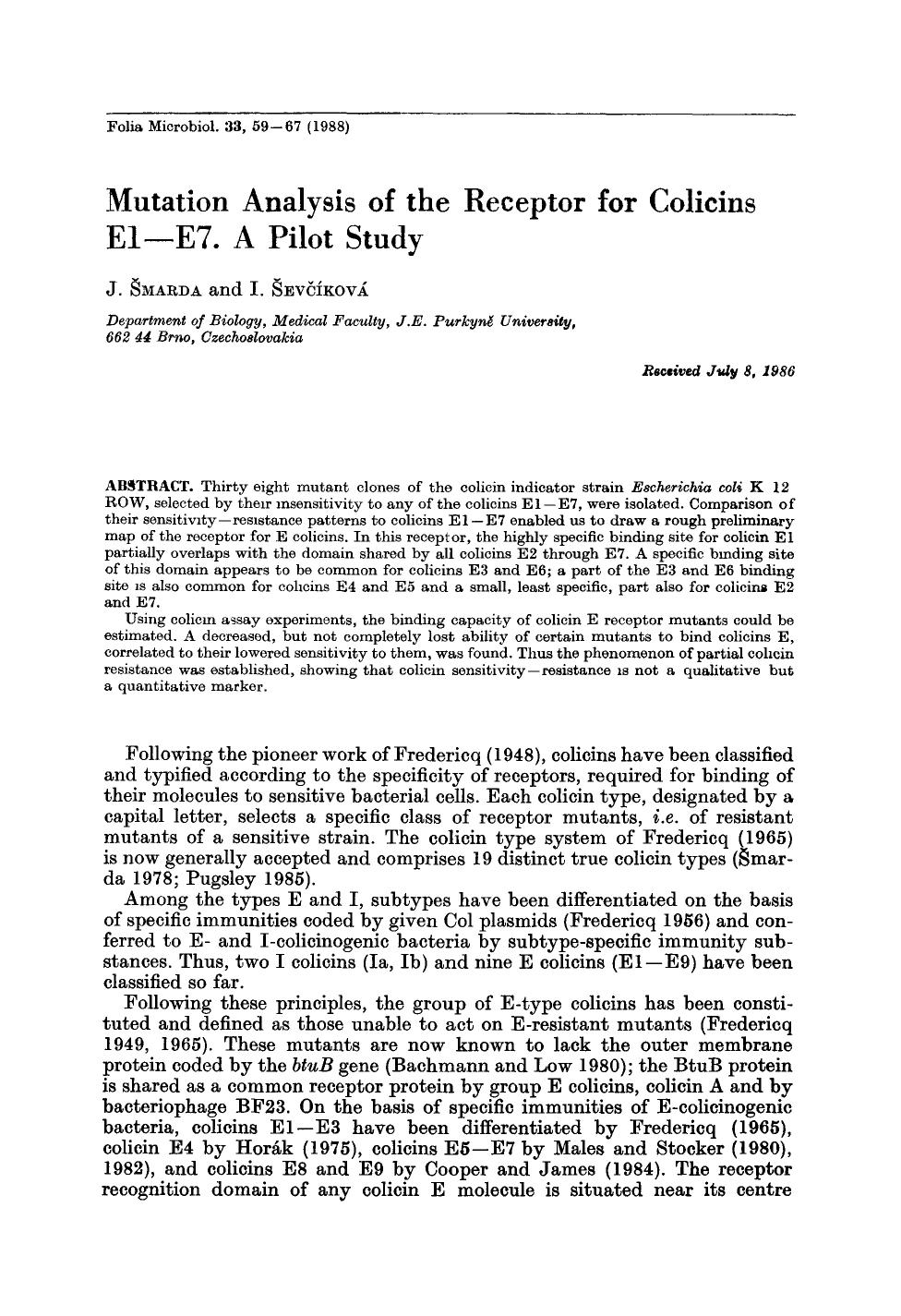 Mutation analysis of the receptor for colicins E1&#x2013;E7. A pilot study by Unknown