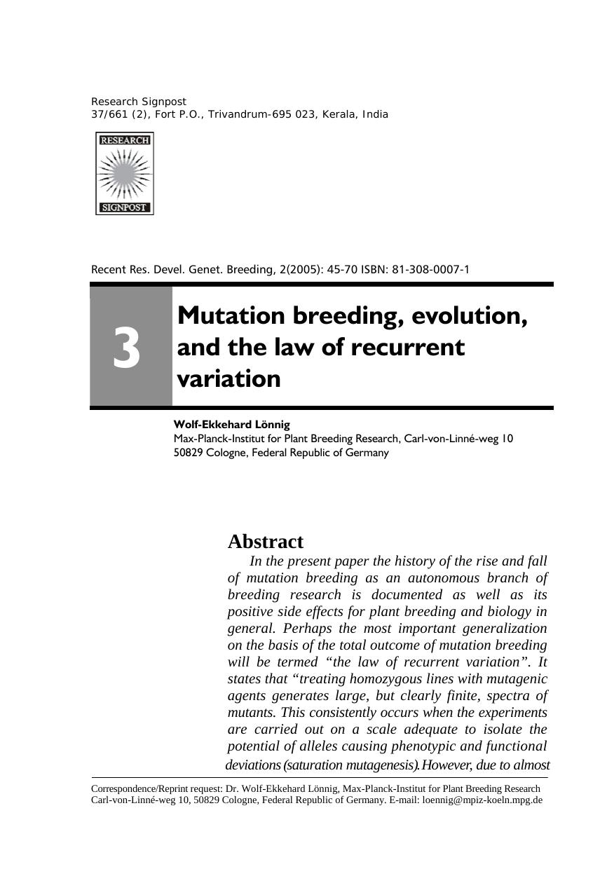 Mutation breeding, evolution, and the law of recurrent variation by Wolf-Ekkehard Lönnig