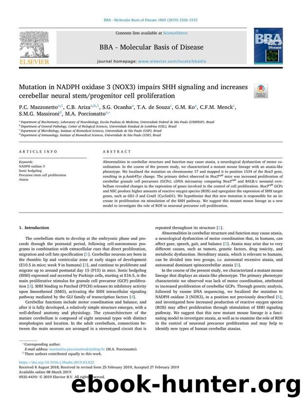 Mutation in NADPH oxidase 3 (NOX3) impairs SHH signaling and increases cerebellar neural stemprogenitor cell proliferation by unknow