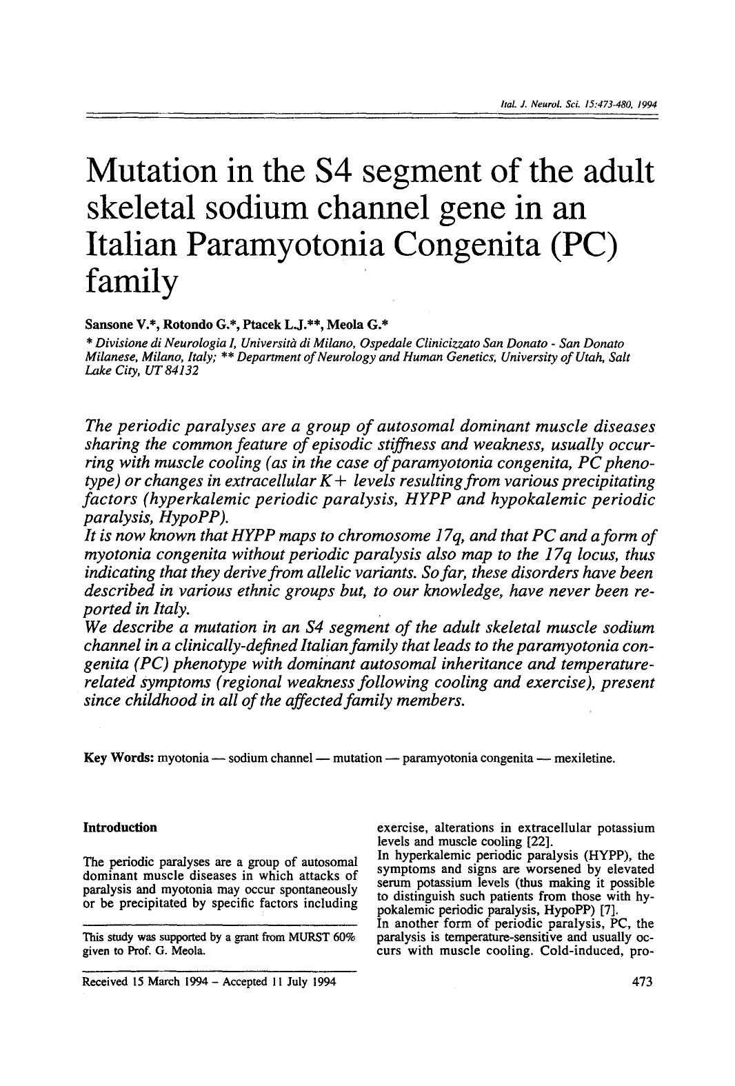 Mutation in the S4 segment of the adult skeletal sodium channel gene in an Italian Paramyotonia Congenita (PC) family by Unknown