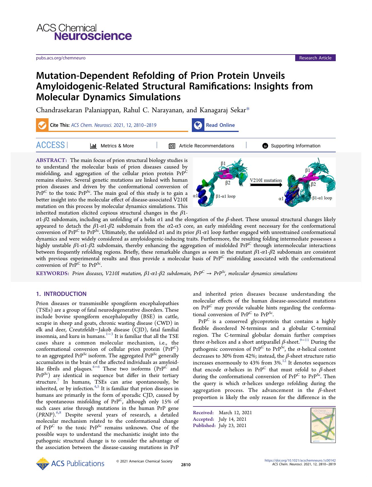 Mutation-Dependent Refolding of Prion Protein Unveils Amyloidogenic-Related Structural Ramifications: Insights from Molecular Dynamics Simulations by Chandrasekaran Palaniappan Rahul C. Narayanan and Kanagaraj Sekar