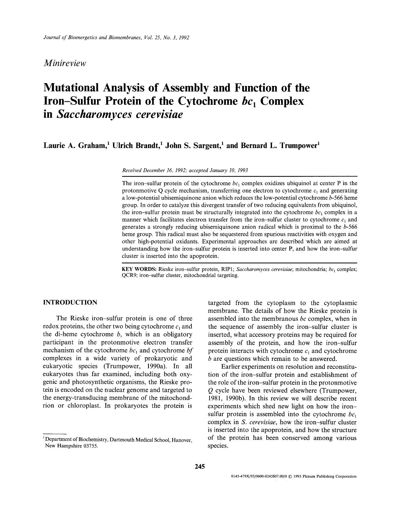 Mutational analysis of assembly and function of the iron-sulfur protein of the cytochrome <Emphasis Type="Italic">bc <Emphasis> <Subscript>1 <Subscript> complex in <Emphasis Type=" by Unknown