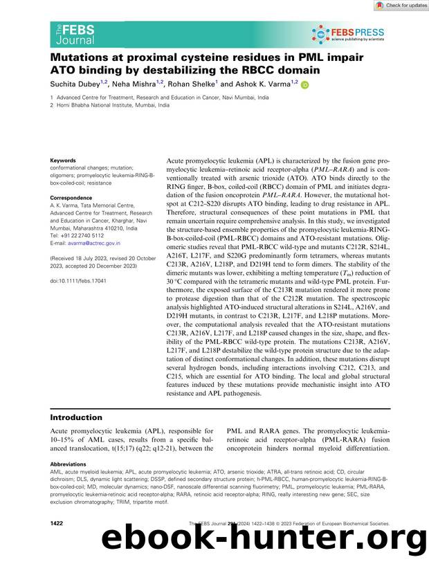 Mutations at proximal cysteine residues in PML impair ATO binding by destabilizing the RBCC domain by Unknown