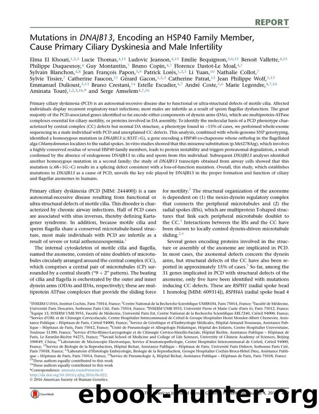 Mutations in DNAJB13, Encoding an HSP40 Family Member, Cause Primary Ciliary Dyskinesia and Male Infertility by unknow