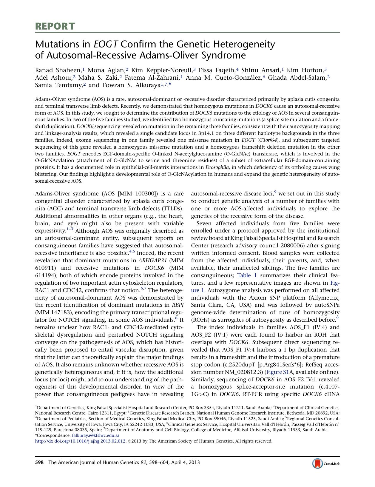 Mutations in EOGT Confirm the Genetic Heterogeneity of Autosomal-Recessive Adams-Oliver Syndrome by unknow