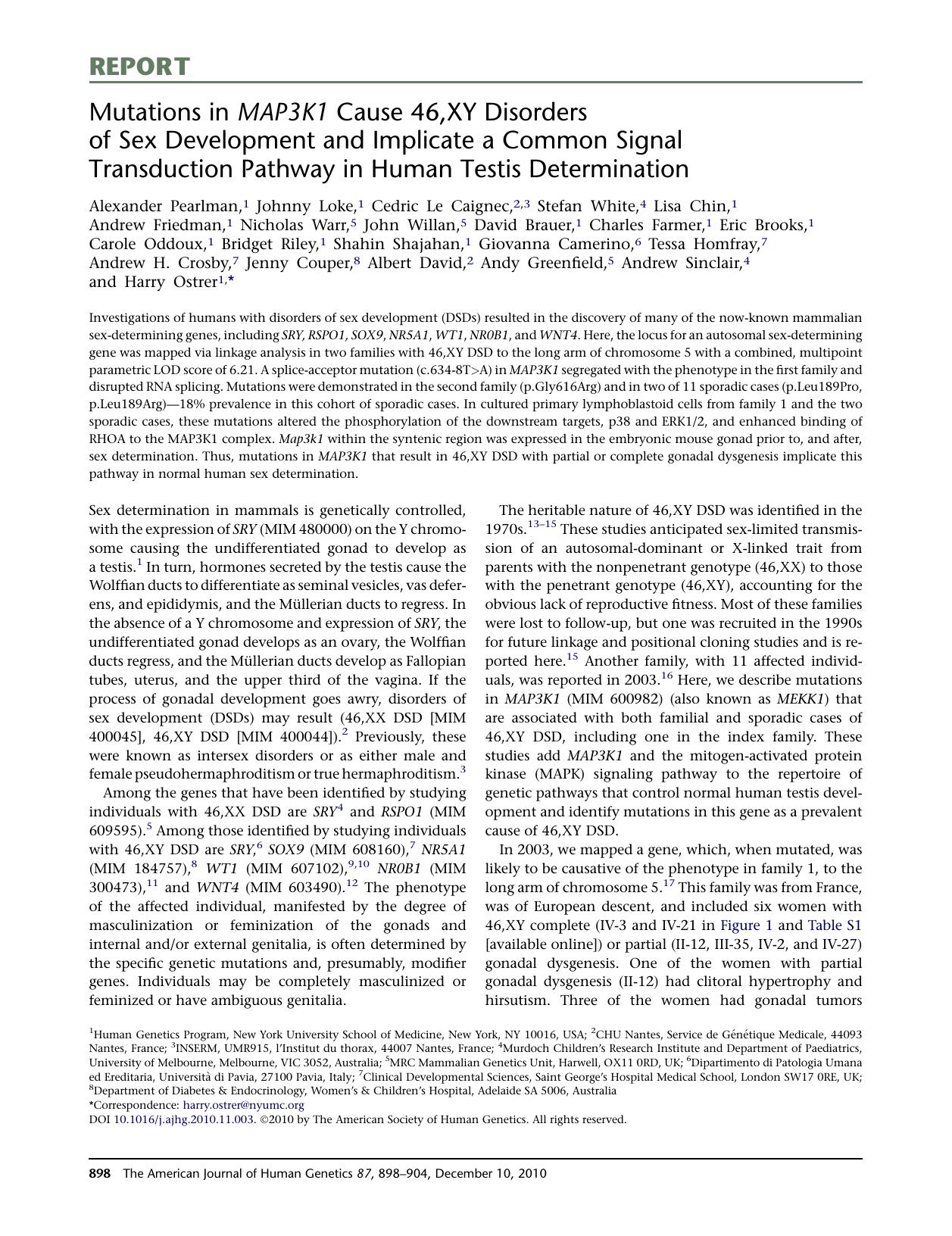 Mutations in MAP3K1 Cause 46,XY Disorders of Sex Development and Implicate a Common Signal Transduction Pathway in Human Testis Determination by unknow