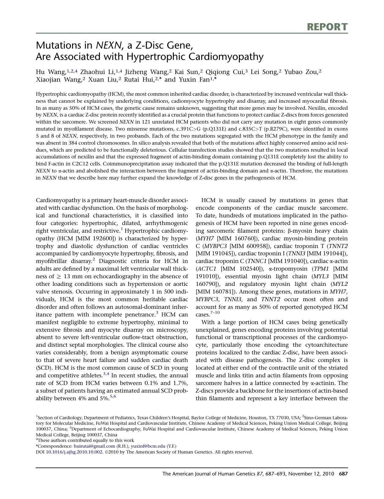 Mutations in NEXN, a Z-Disc Gene, Are Associated with Hypertrophic Cardiomyopathy by unknow