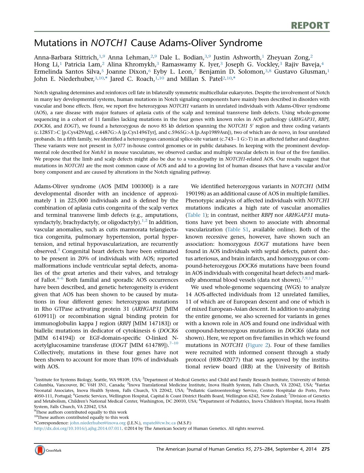 Mutations in NOTCH1 Cause Adams-Oliver Syndrome by unknow