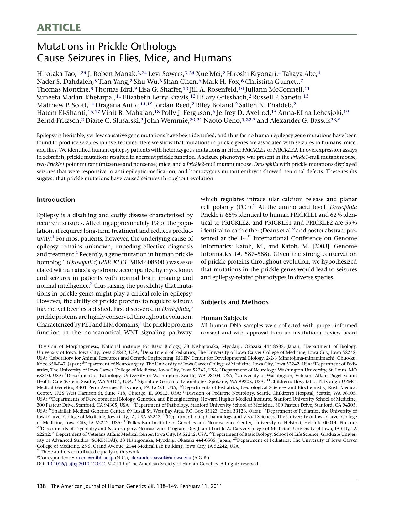 Mutations in Prickle Orthologs Cause Seizures in Flies, Mice, and Humans by unknow