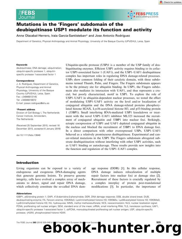 Mutations in the âFingersâ subdomain of the deubiquitinase USP1 modulate its function and activity by Unknown
