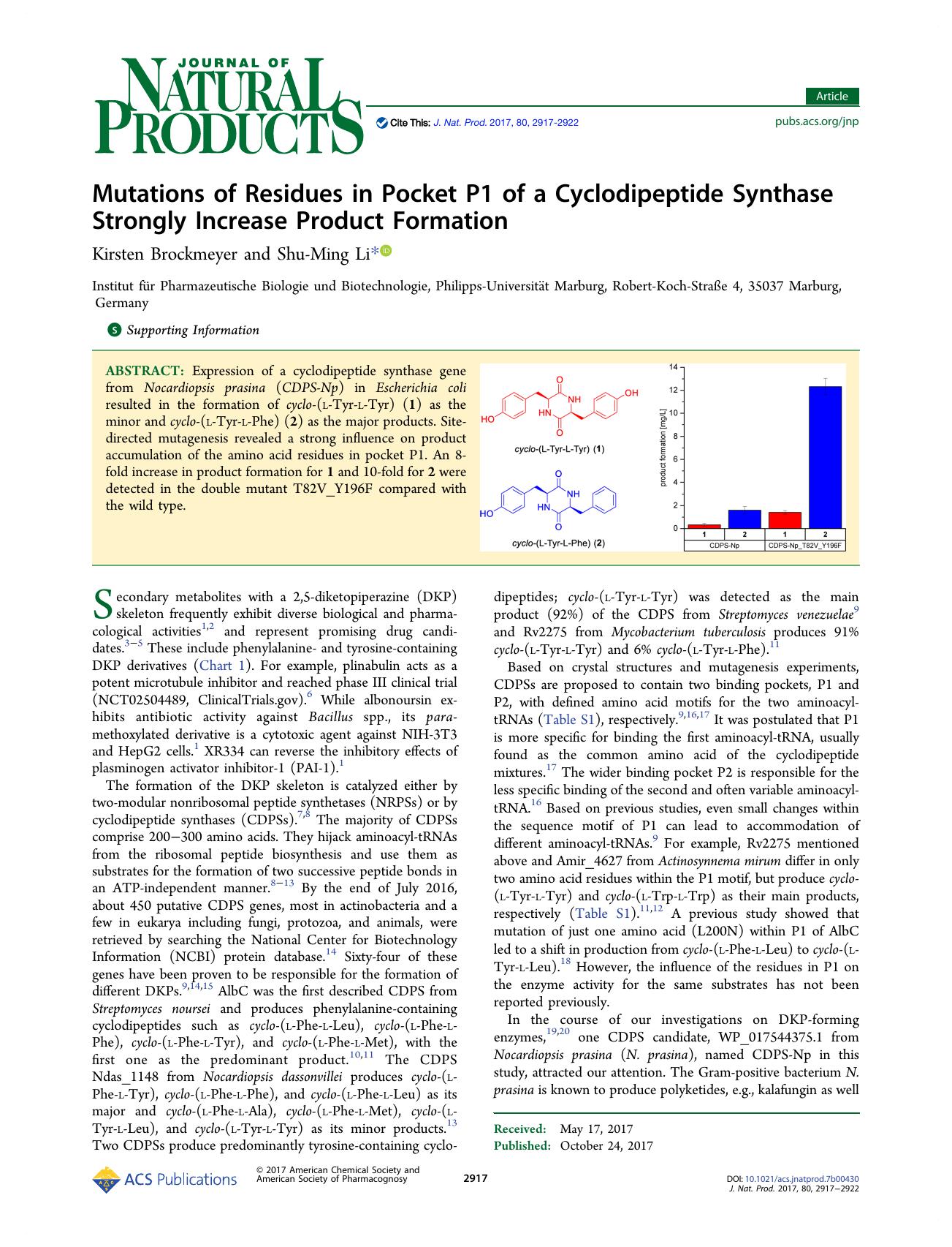 Mutations of Residues in Pocket P1 of a Cyclodipeptide Synthase Strongly Increase Product Formation by Kirsten Brockmeyer & Shu-Ming Li