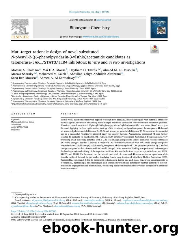 Muti-target rationale design of novel substituted N -phenyl-2-((6-phenylpyridazin-3-yl)thio)acetamide candidates as telomeraseJAK1STAT3TLR4 inhibitors: In vitro and in vivo investigations by unknow