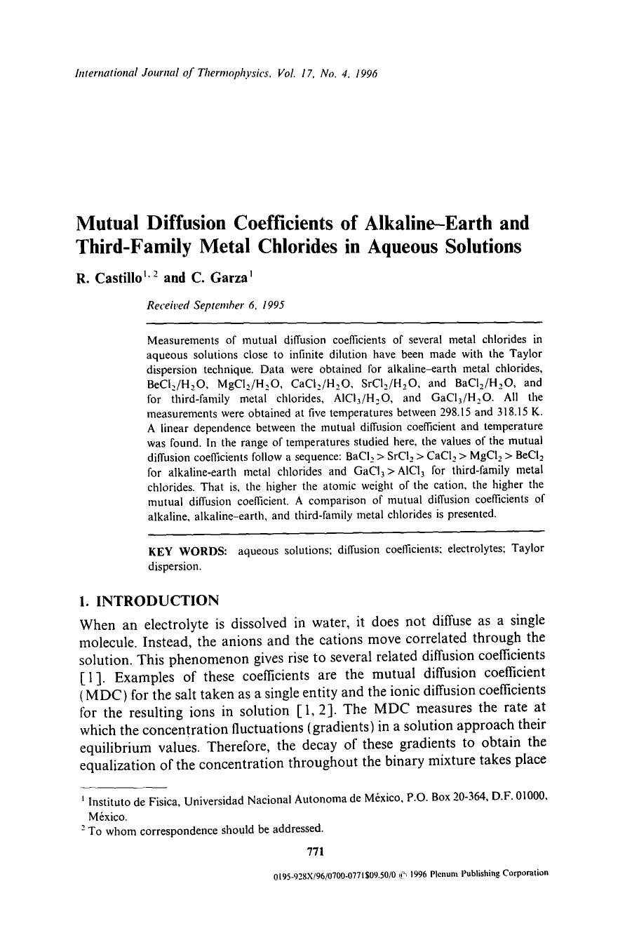 Mutual diffusion coefficients of alkaline-earth and third-family metal chlorides in aqueous solutions by Unknown