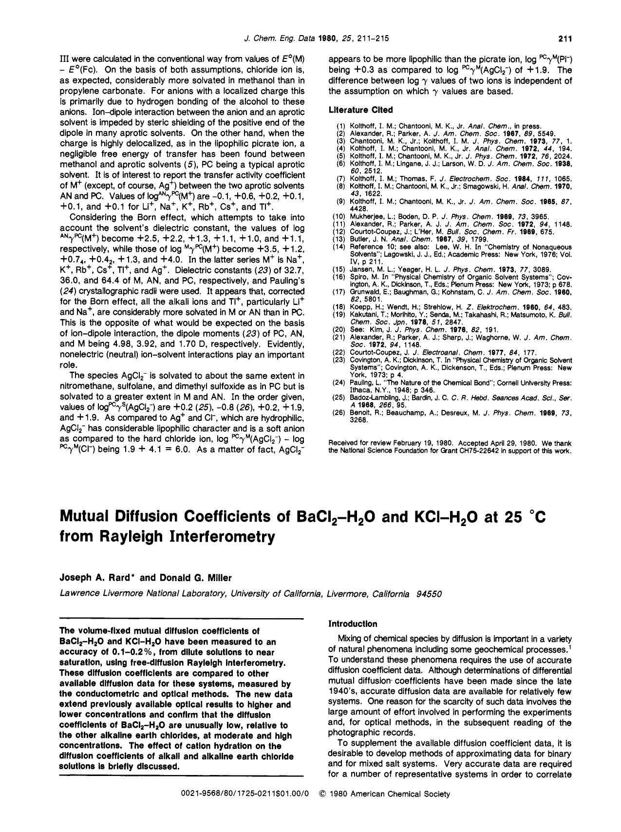 Mutual diffusion coefficients of barium chloride-water and potassium chloride-water at 25 .degree. from Rayleigh interferometry by Joseph A. Rard Donald G. Miller