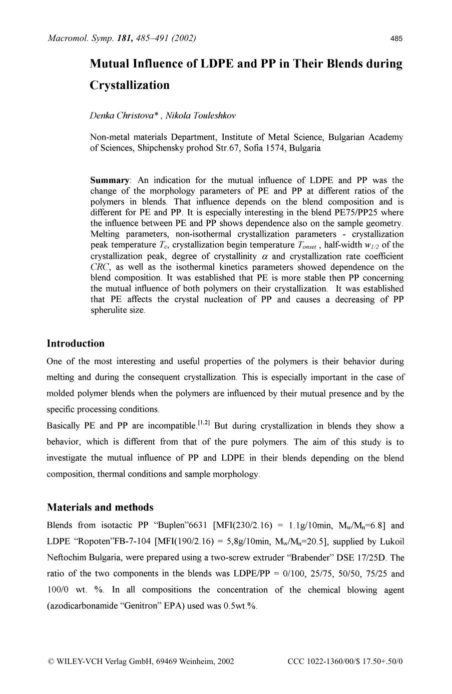 Mutual influence of LDPE and PP in their blends during crystallization by SOD