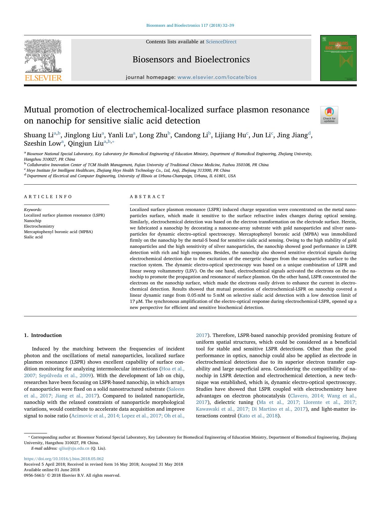 Mutual promotion of electrochemical-localized surface plasmon resonance on nanochip for sensitive sialic acid detection by unknow