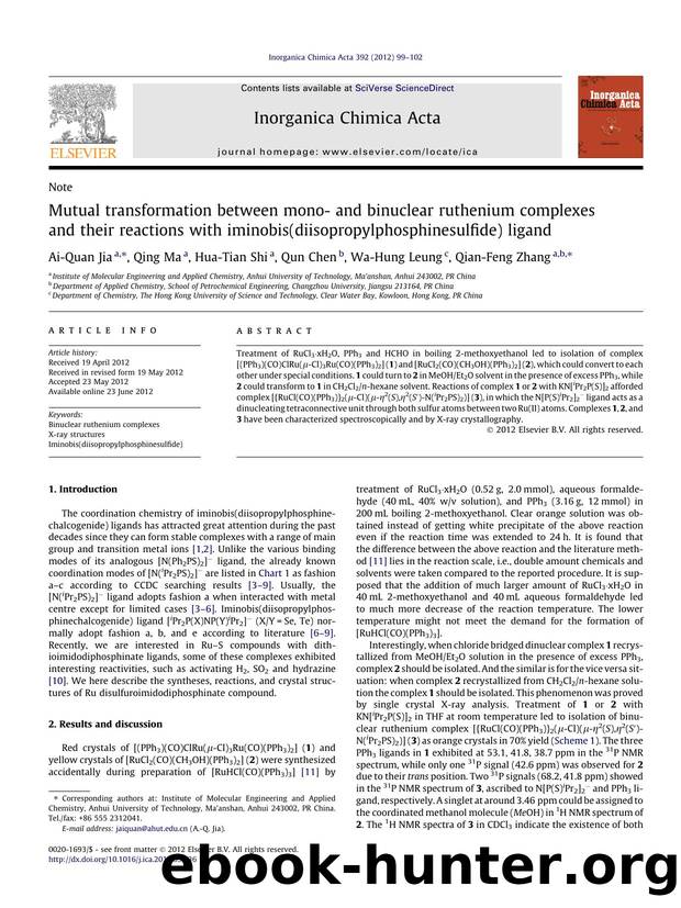 Mutual transformation between mono- and binuclear ruthenium complexes and their reactions with iminobis(diisopropylphosphinesulfide) ligand by Ai-Quan Jia & Qing Ma & Hua-Tian Shi & Qun Chen & Wa-Hung Leung & Qian-Feng Zhang