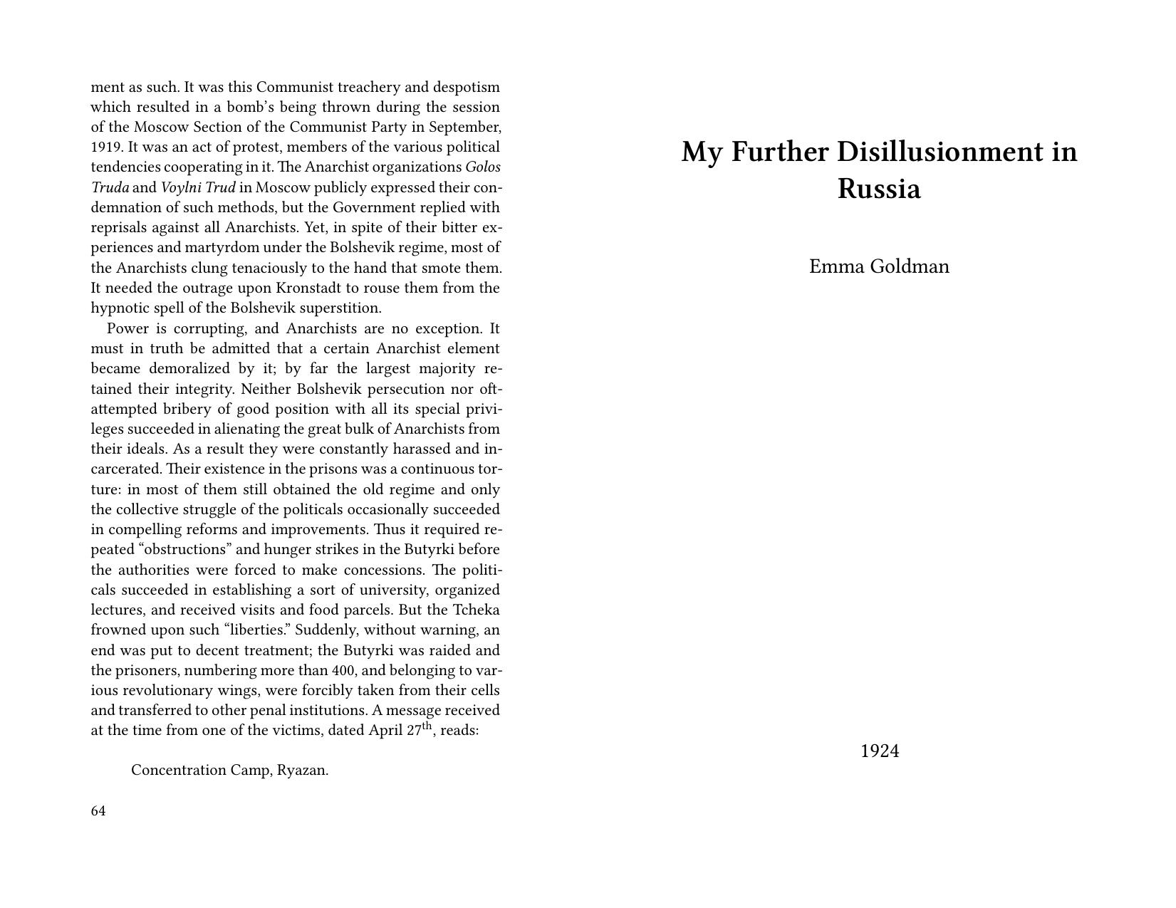 My Further Disillusionment in Russia by Emma Goldman