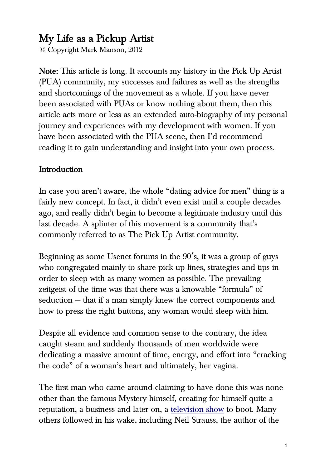 My Life as a Pickup Artist by Mark Manson