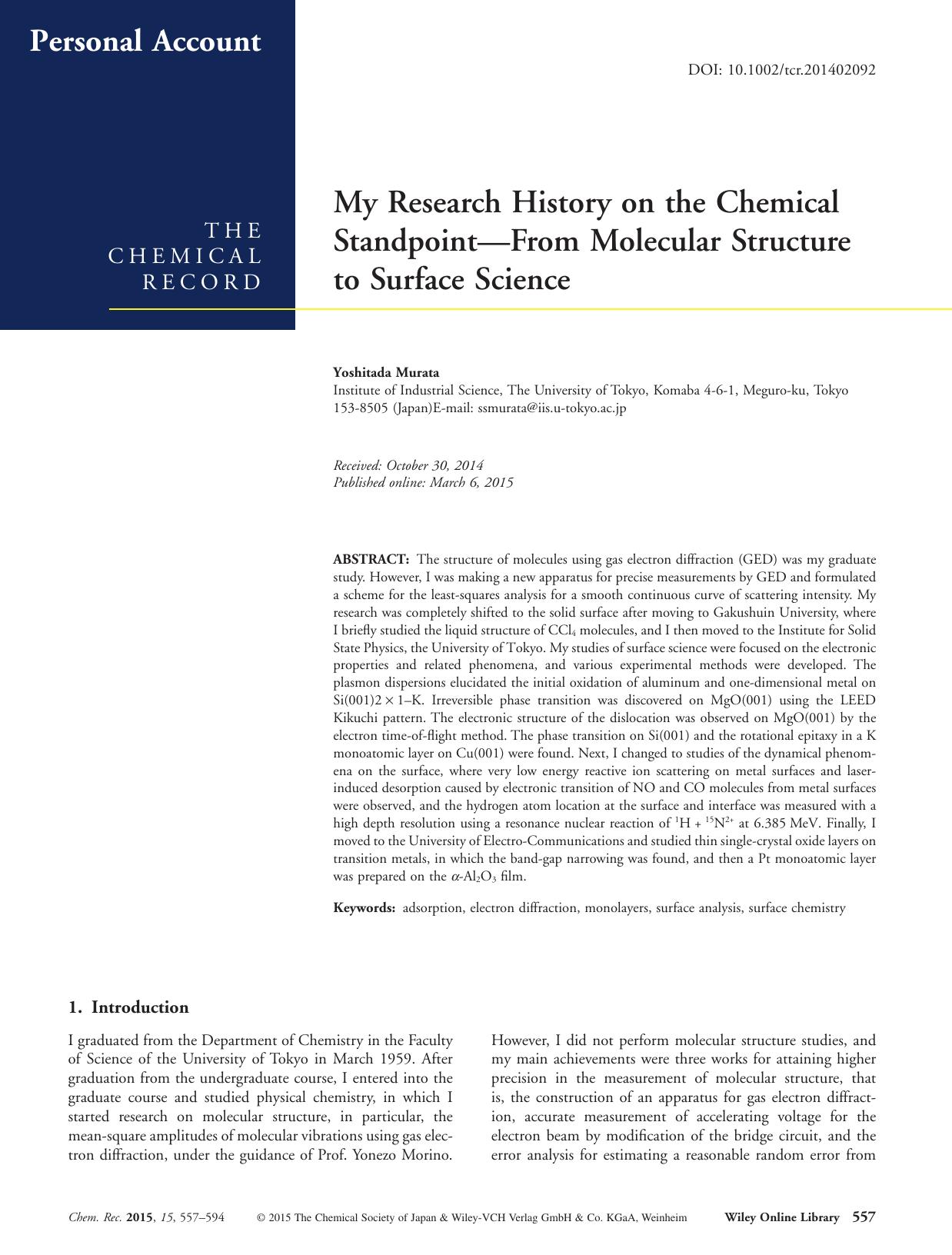 My Research History on the Chemical StandpointFrom Molecular Structure to Surface Science by Unknown