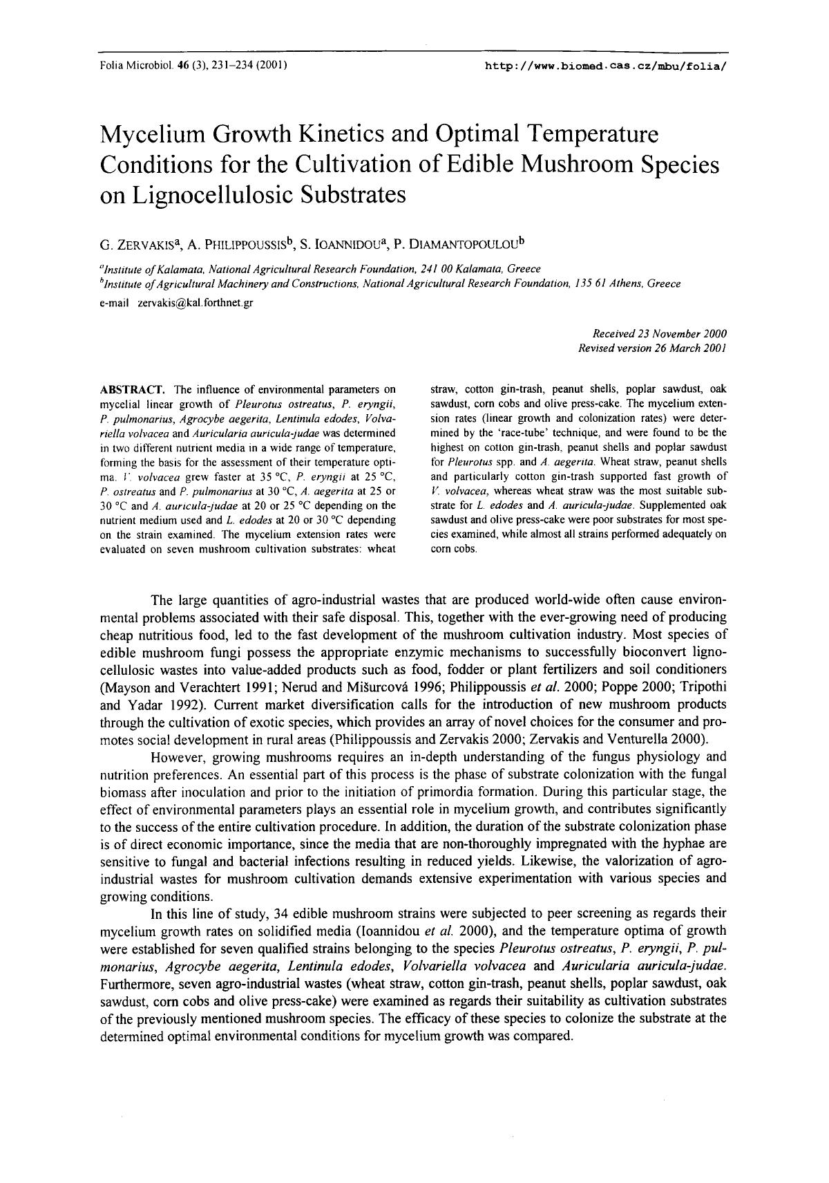 Mycelium growth kinetics and optimal temperature conditions for the cultivation of edible mushroom species on lignocellulosic substrates by Unknown