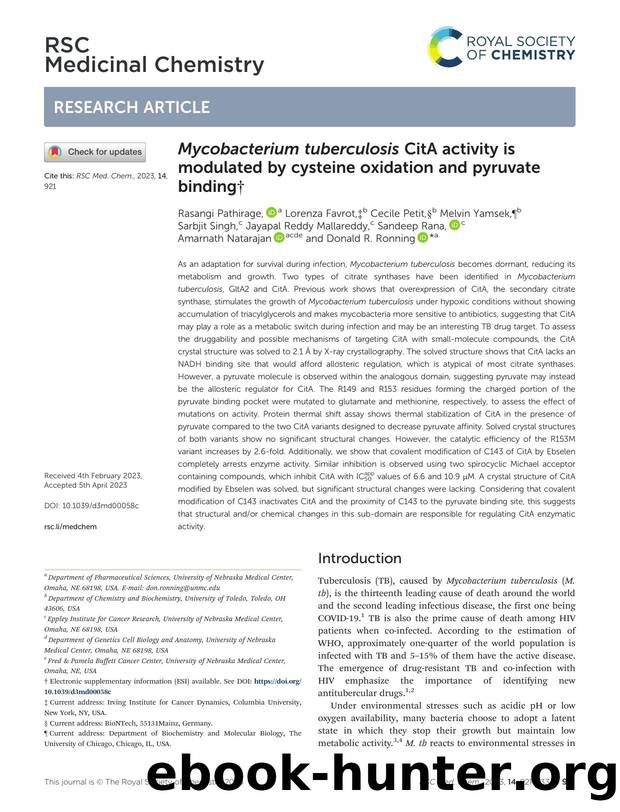 Mycobacterium tuberculosis CitA activity is modulated by cysteine oxidation and pyruvate binding by unknow