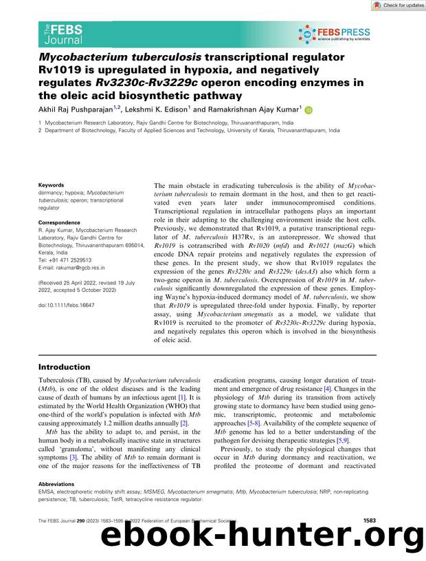 Mycobacterium tuberculosis transcriptional regulator Rv1019 is upregulated in hypoxia, and negatively regulates Rv3230câRv3229c operon encoding enzymes in the oleic acid biosynthetic pathway by Unknown