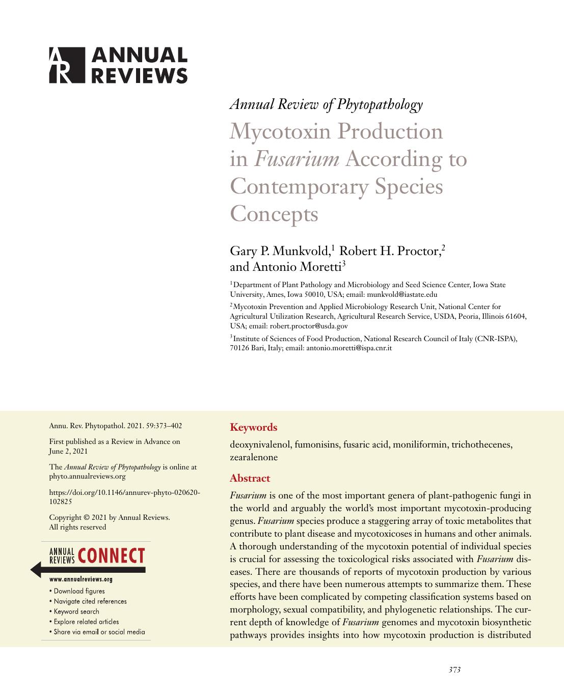 Mycotoxin Production in Fusarium According to Contemporary Species Concepts by Gary P. Munkvold Robert H. Proctor Antonio Moretti