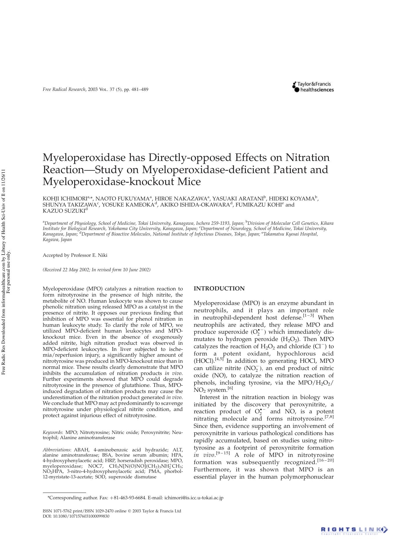Myeloperoxidase has Directly-opposed Effects on Nitration Reaction--Study on Myeloperoxidase-deficient Patient and Myeloperoxidase-knockout Mice by unknow