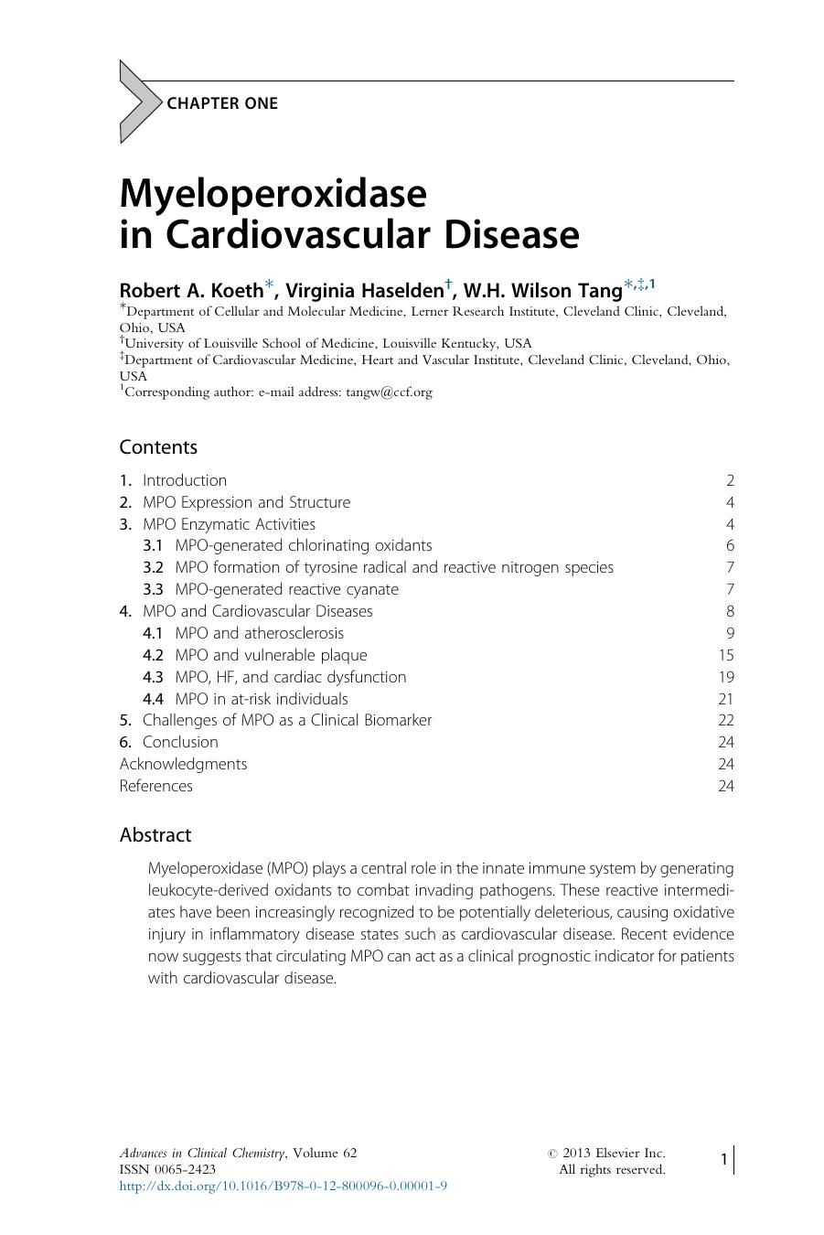 Myeloperoxidase in Cardiovascular Disease by Robert A. Koeth & Virginia Haselden & W.H. Wilson Tang