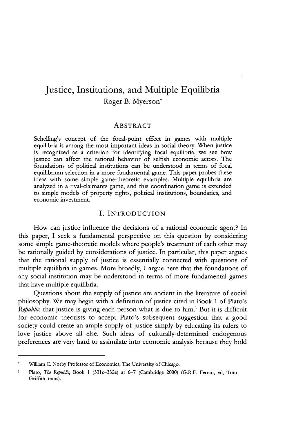 Myerson, R. B. (2004). Justice, institutions, and multiple equilibria. Chicago Journal of International Law, 5(1), 91-108. by Roger B. Myerson